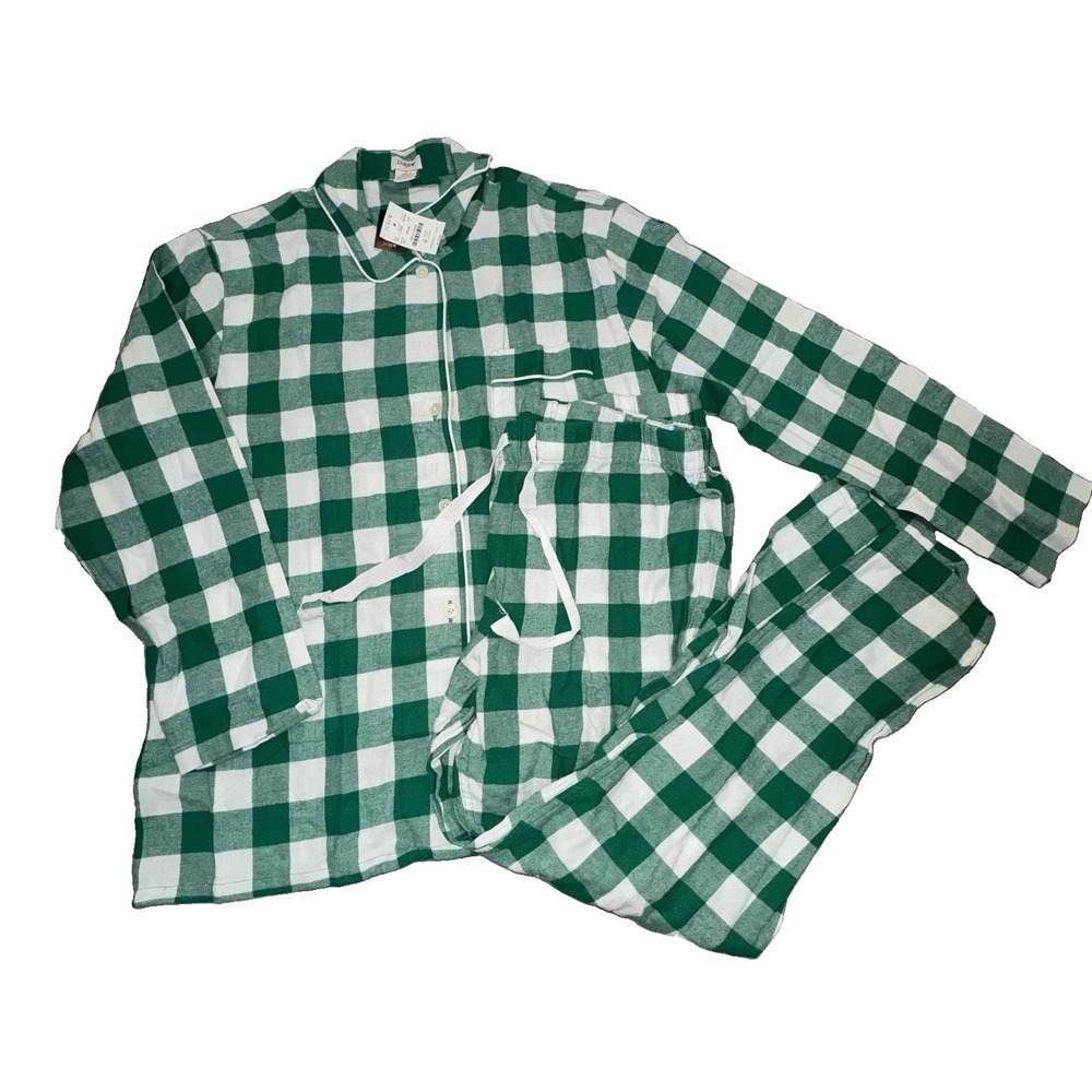 NWT J. Crew Adult L Gingham Pajama Set Long Sleeve Green White Holiday Cotton